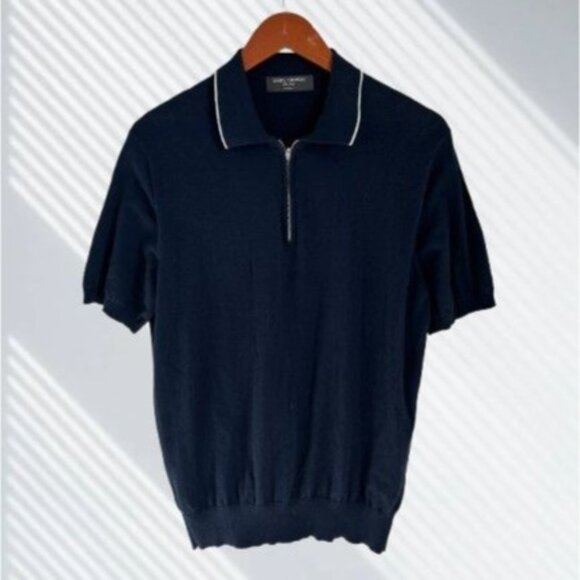 Daniel Cremieux Navy Short-Sleeve Cottonl Zip Polo Shirt With White Piping Made - Picture 1 of 9